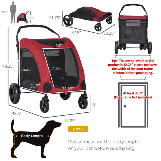 4 Wheel Pet Stroller with Storage Basket, Afjustable Handle, Ventilated Oxford Fabric for Medium Size Dogs Cat Red - Gallery Canada