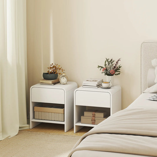 Modern Nightstand Set of 2, Distressed White, With Drawer and Shelf, White