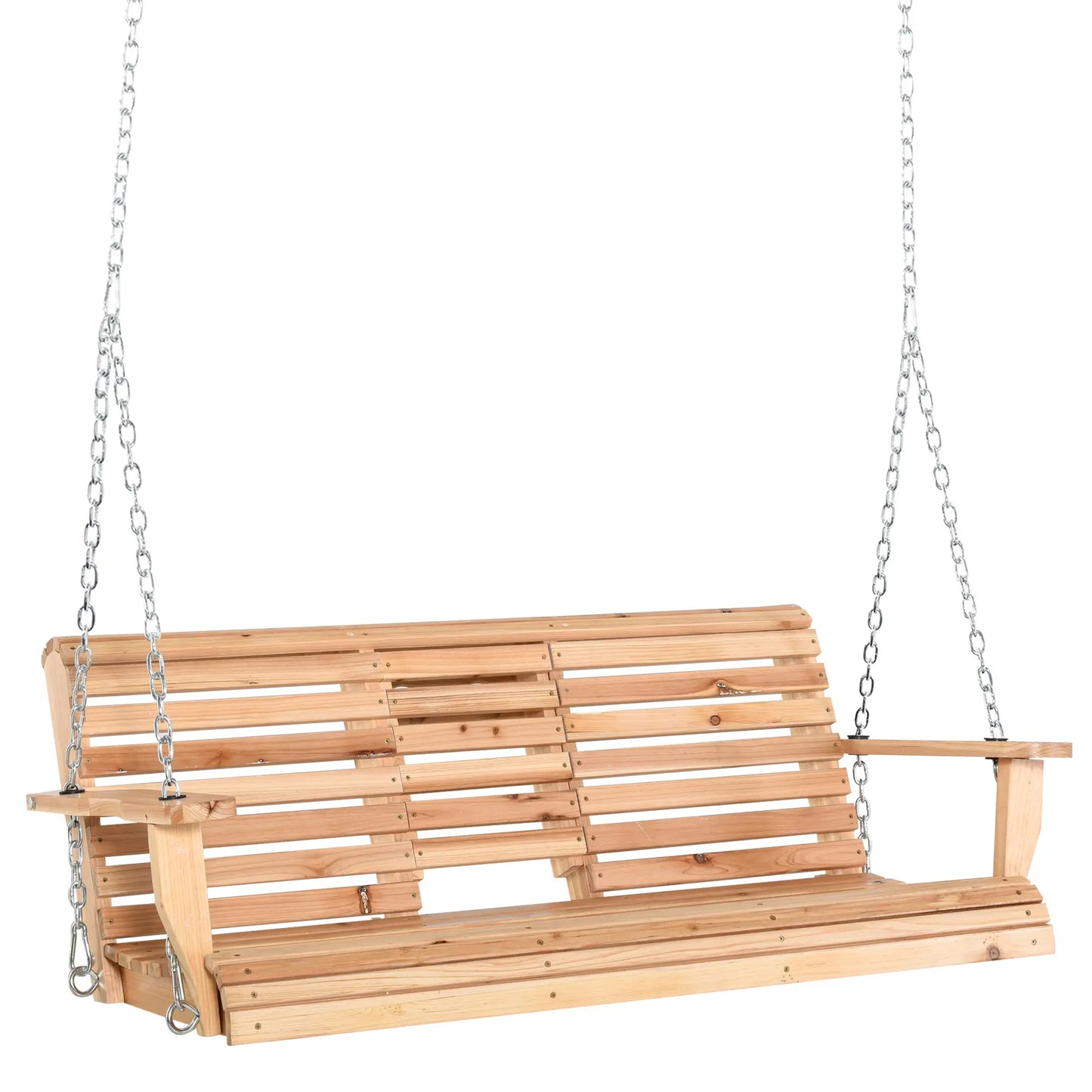 3 Seater Wood Patio Swing, Foldable Table, Cup Holders, Steel Chains, Natural Hanging Porch Swings at Gallery Canada