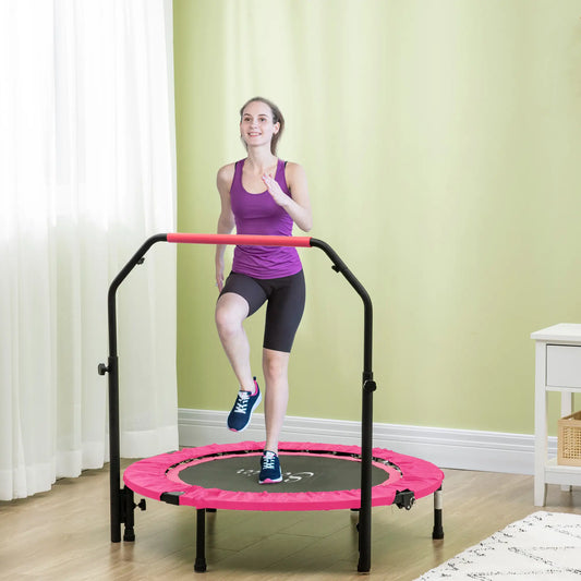 Trampoline de Fitness Mini Pliable 40", Poignée en Mousse Réglable, Rose