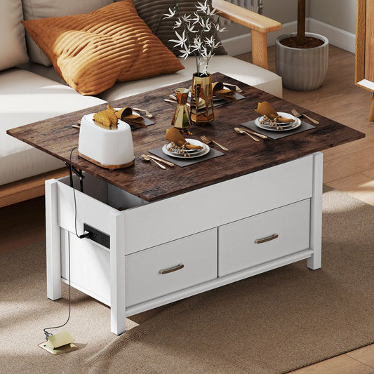 Lift Top Coffee Table, 3 Hidden Compartments, 2 Fabric Drawers Coffee Tables White, Rustic Brown at Gallery Canada
