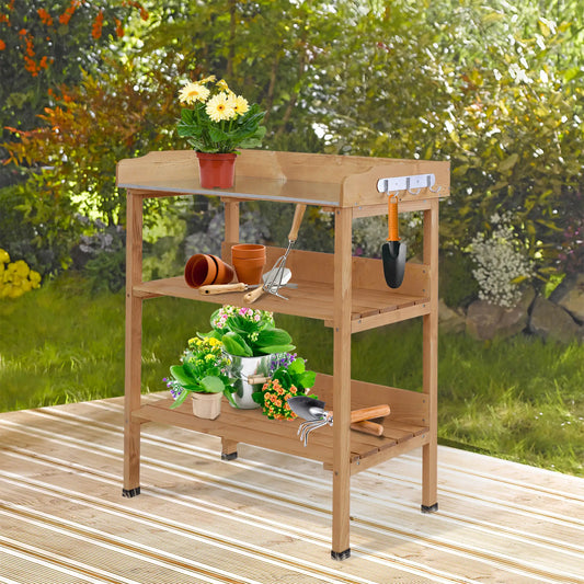 Wooden Potting Bench, Outdoor Garden Work Table, Tool Storage Shelf w/ Hooks, Natural Potting Benches & Tables Natural at Gallery Canada
