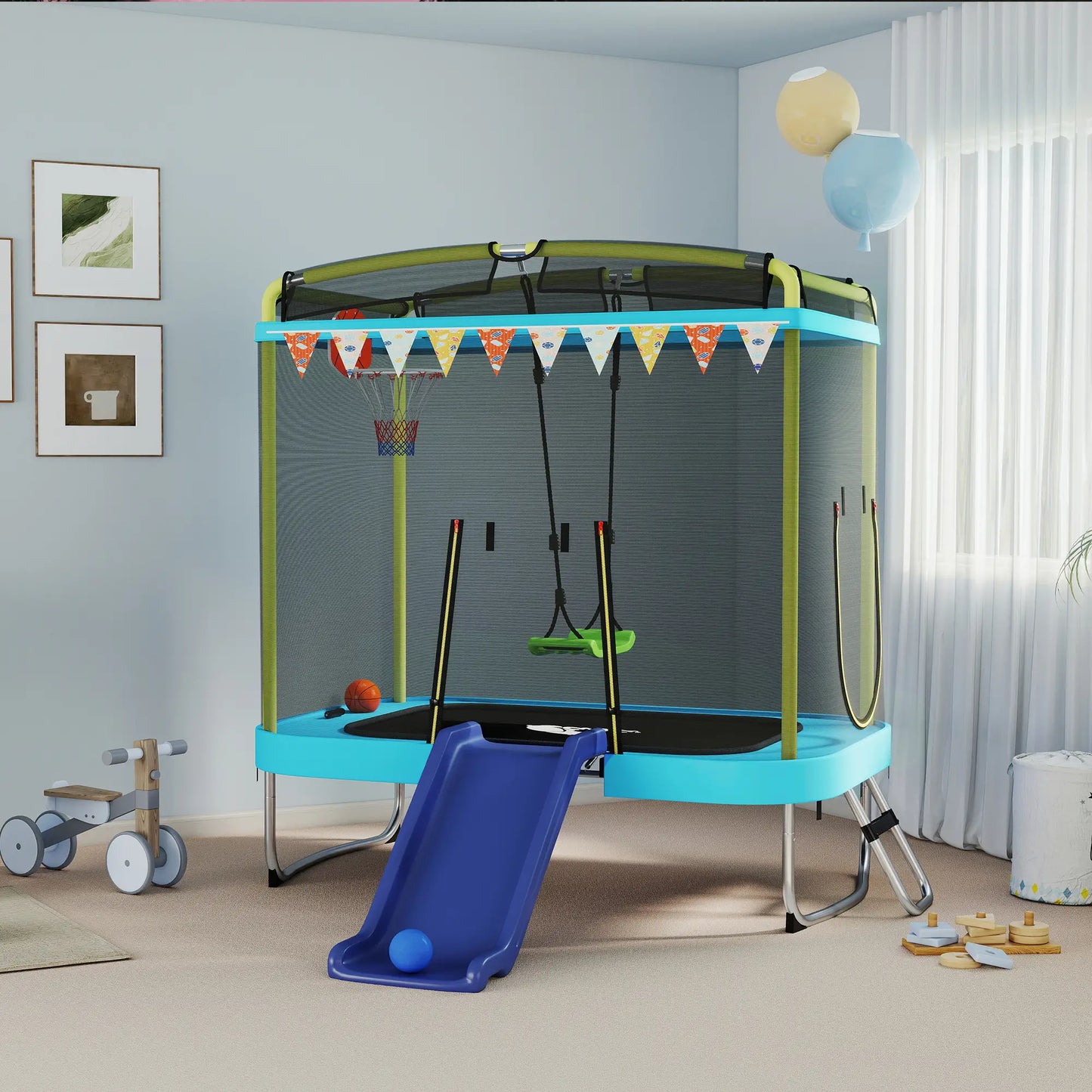 70" x 47" Trampoline With Slide, Swing, Basketball Hoop, Light Blue Trampolines at Gallery Canada