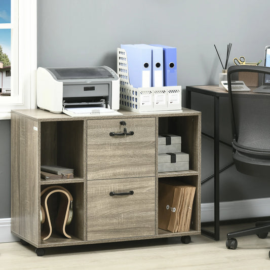 Lateral Filing Cabinet with Wheels, Lockable Drawer, Open Shelves, Grey