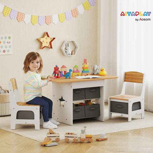 3 Piece Kids Table and Chair Set, 6 Removable Drawers, Natural Kids Table Sets Natural, Dark Grey, White at Gallery Canada