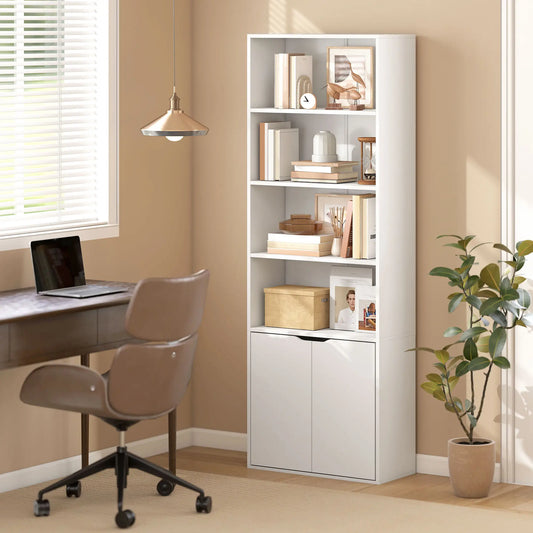 4-Tier Open Bookshelf with Doors, Home Office Bookcase, White White Bookshelves White at Gallery Canada