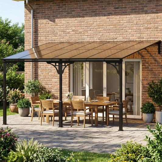 13' x 10' Lean To Gazebo, Hardtop Wall Mounted Pergola, Polycarbonate Roof, Metal-Aluminium Frame Pergolas Brown, Dark Grey at Gallery Canada