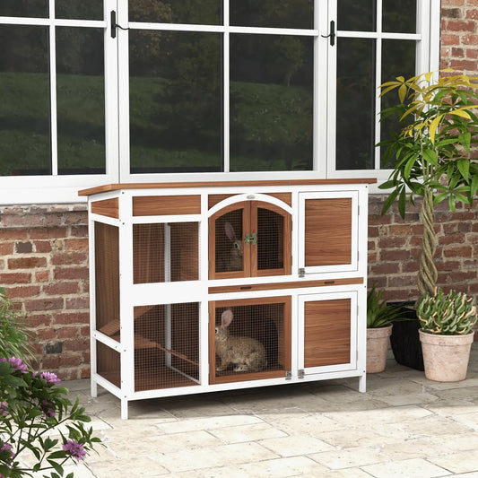 Two-Tier Wooden Rabbit Hutch, Openable Roof, Slide-Out Tray