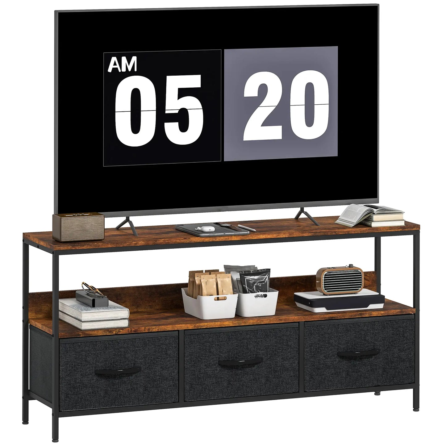 TV Stand with Charging Station, 3 Foldable Drawers, 55 Inch, Rustic Brown TV Stands at Gallery Canada
