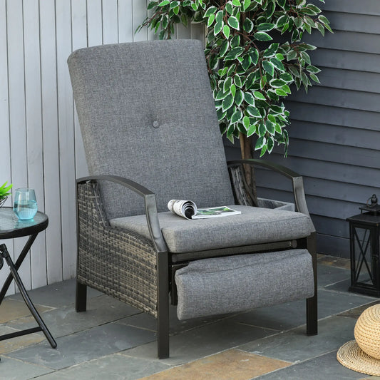 Outdoor Rattan Recliner Chair, Adjustable Back, Retractable Footrest, Grey Chaise Loungers Grey at Gallery Canada