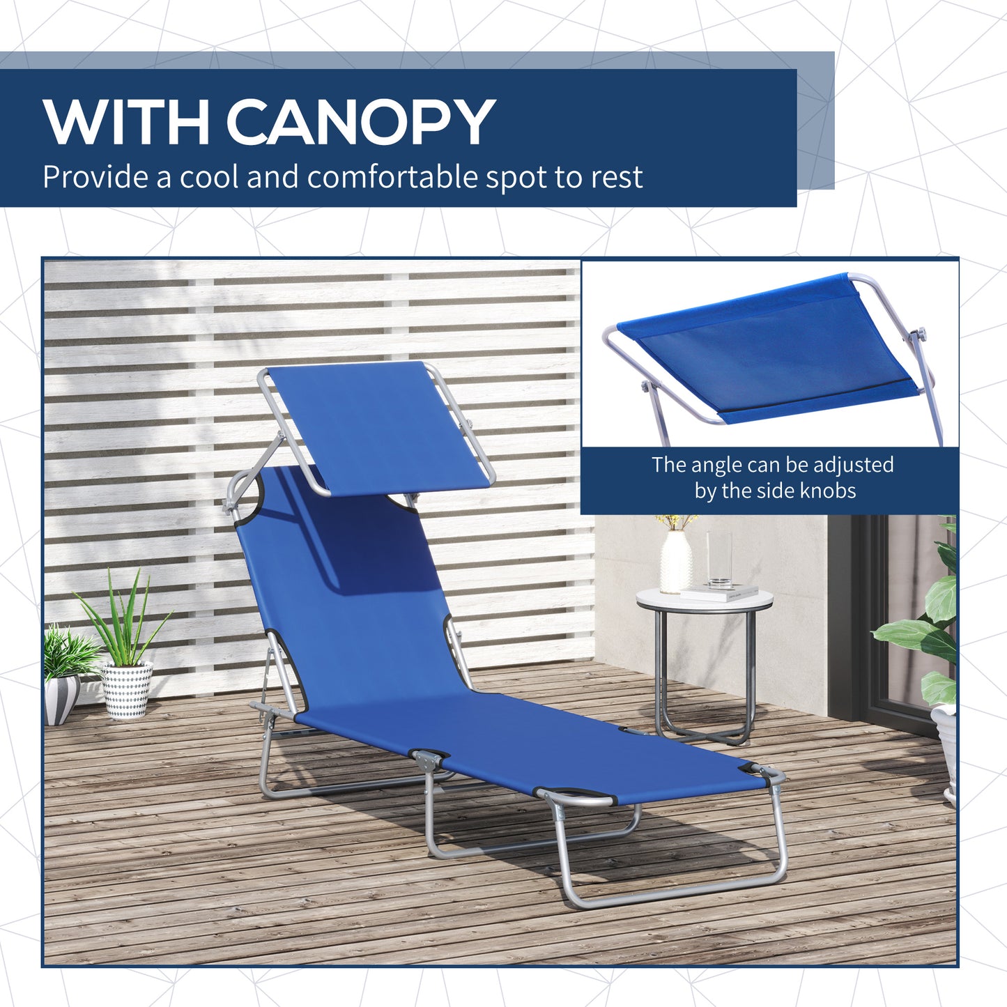 Outdoor Lounge Chair, Adjustable Folding Chaise Lounge, Tanning Chair with Sun Shade for Beach, Camping, Hiking, Backyard, Blue at Gallery Canada
