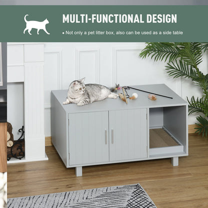 Wooden Cat Washroom Pet Litter Box Enclosure Kitten House Nightstand End Table with Scratcher Magnetic Doors Grey at Gallery Canada
