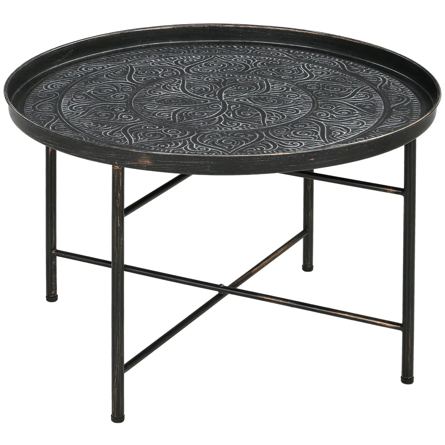 Vintage Coffee Table, 24" Round, Hammered Tray Top, Metal Frame, Pewter Coffee Tables at Gallery Canada