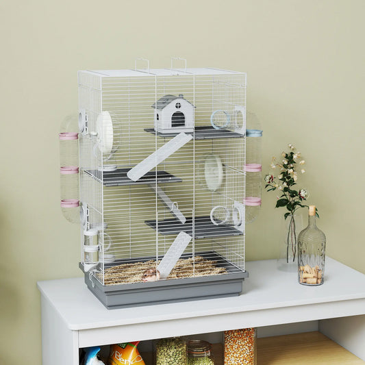 4-Level Large Hamster Cage, DIY Tubes, Water Bottle, Food Dish, Hut, Exercise Wheels, Grey Hamster Cages Grey at Gallery Canada