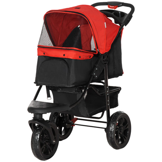 3 Wheel Folding Dog Stroller, Jogger Travel Carrier with Adjustable Canopy, Storage Brake, Mesh Window for S&;M Dogs, Red - Gallery Canada