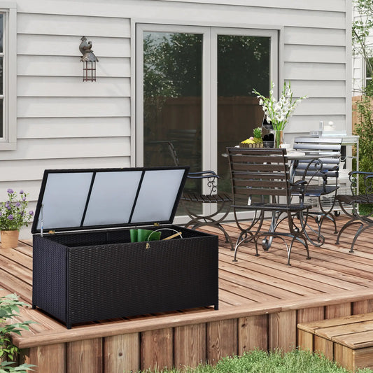 Wicker Outdoor Storage Box, 75 Gallon, Gas Strut Lid, Dark Brown Patio Storage Boxes Dark brown at Gallery Canada