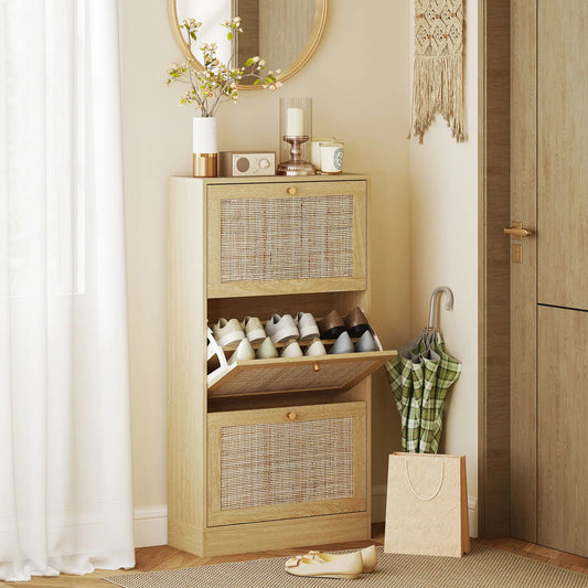 Rattan Shoe Cabinet, 3 Flip Drawers, Adjustable Shelves, 18 Pairs, Oak Shoe Storage Cabinets & Racks Oak, Natural Wood at Gallery Canada