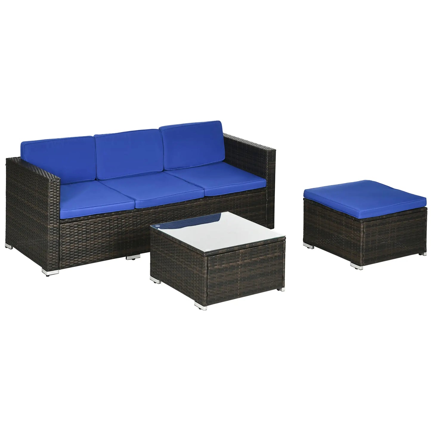 3-Piece Patio Furniture Set, Outdoor PE Rattan Sofa, Glass Table, Blue Patio Furniture Sets at Gallery Canada