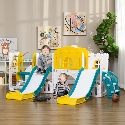 8 in 1 Slide Swing Set, Baby Swing with Basketball Hoop, Climber, Steering Wheel, Ages 1-3, Yellow Gym Sets & Swings White, Yellow at Gallery Canada