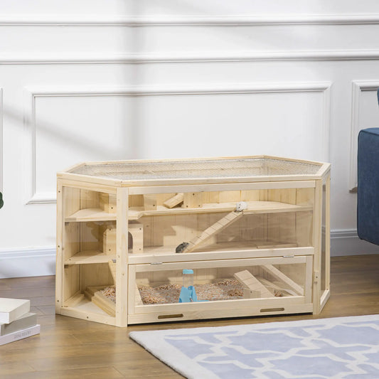 Large Wooden Hamster Cage, 3 Tier with Tray, Seesaws, Water Bottle Hamster Cages Natural at Gallery Canada