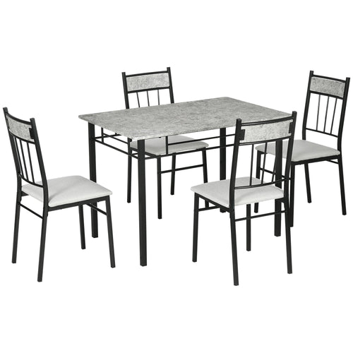5 Pieces Diner Tables Dining Room Sets for 4 People with Marble Effect Tabletop Padded Chairs and Metal Frame Grey