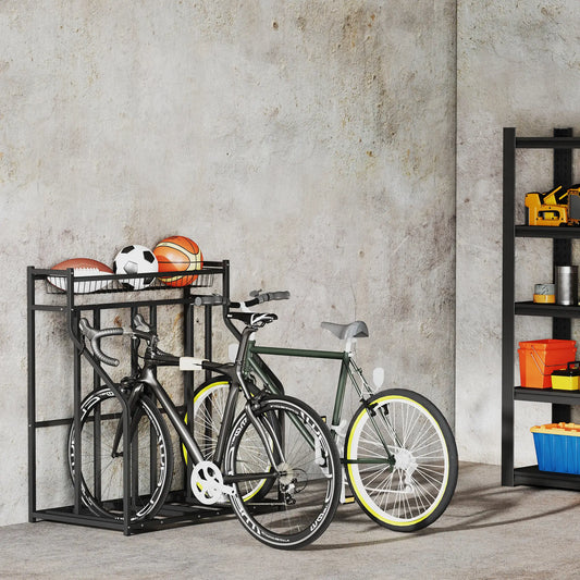 3 Bike Stand, Metal Floor Storage Rack with Basket, Hooks, Black Bike Parking Stands Black at Gallery Canada