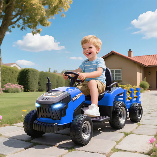 12V Kids Ride On Tractor with Trailer, Remote Control, Blue Toy Excavators Blue at Gallery Canada