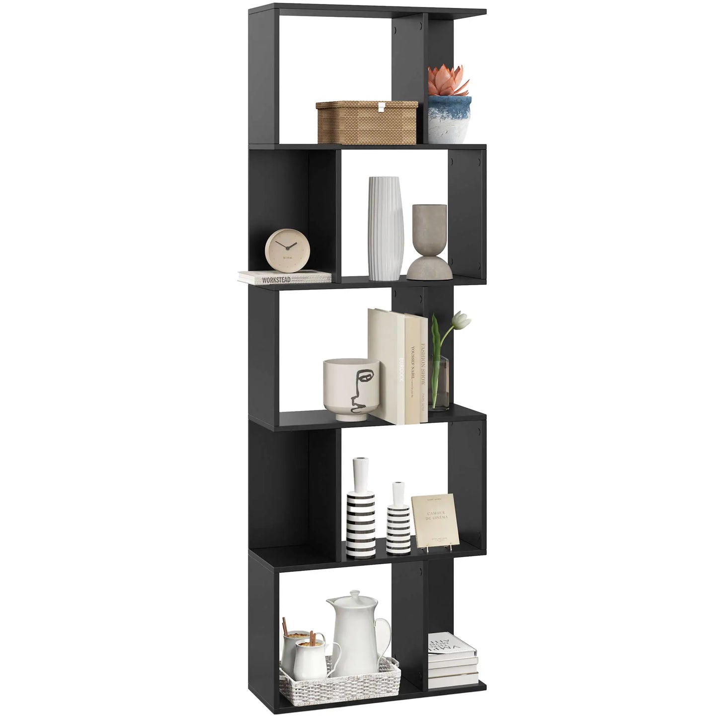 5-Tier Geometric Bookshelf, S Shaped Bookcase, Black Display Bookshelves at Gallery Canada