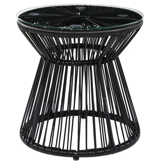 Round End Table, Rattan Side Table, Hollow Drum Design Coffee Table w/ Glass Tabletop for Patio, Garden, Balcony Black - Gallery Canada