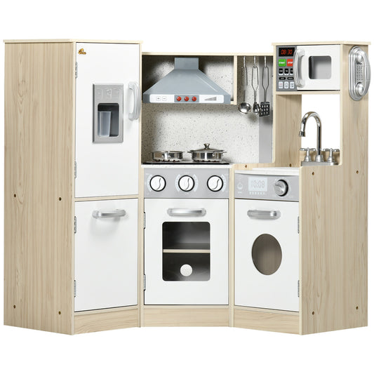 Wooden Play Kitchen with Lights Sounds, Corner Kids Kitchen Playset with Play Phone, Ice Maker, Microwave, Range Hood, Refrigerator, Utensils, Gift for Ages 3-6 Years Old, White at Gallery Canada
