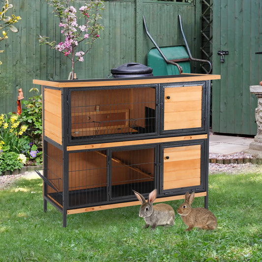 48" 2-Floor Rabbit Hutch, Wooden Pet House, Metal Frame Bunny Cage Rabbit Hutch Light Yellow, Black at Gallery Canada