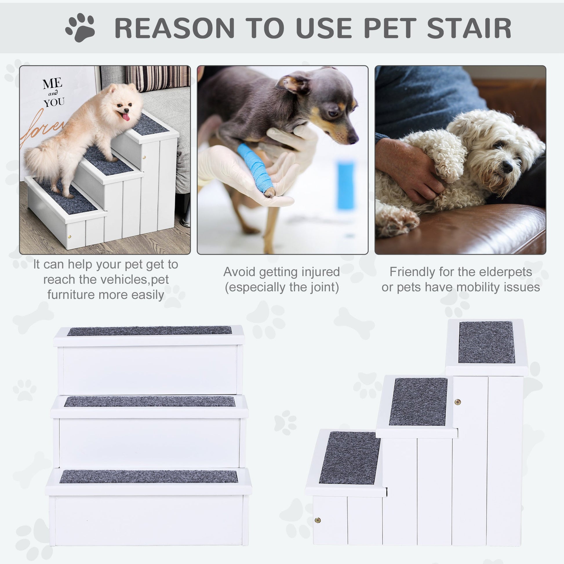 Pet Steps 3-Step Dog Stairs for Small Dogs Cats and Wooden Ramp with Storage Box Carpet Tread, White at Gallery Canada