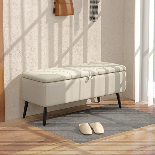40" Ottoman with Storage, Linen Upholstered, Cream White