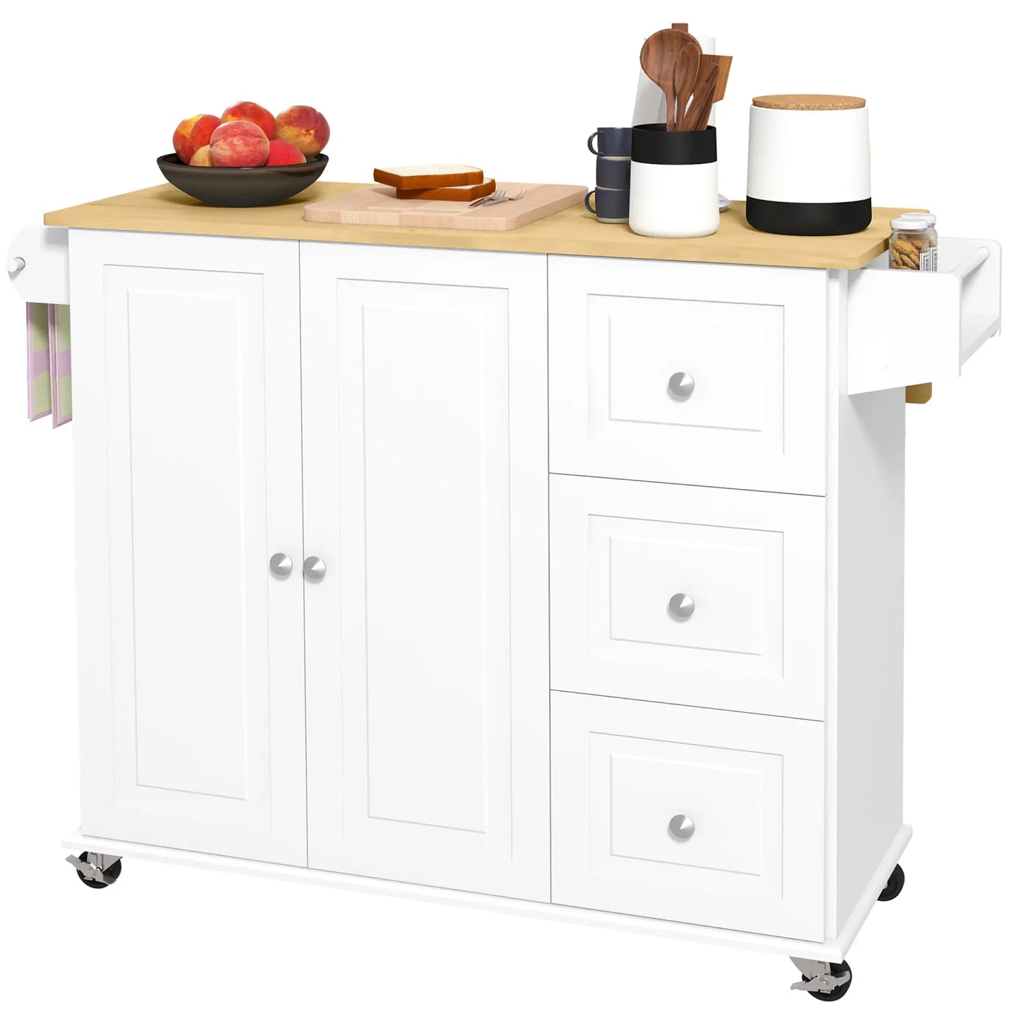 Kitchen Island with Drop Leaf, Rolling Cart, 3 Drawers, White Kitchen Islands & Kitchen Carts at Gallery Canada