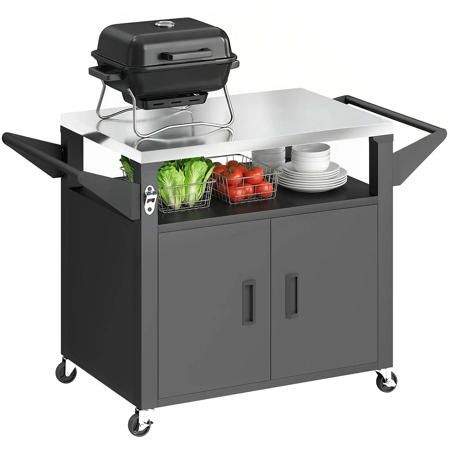 Outdoor Grill Cart, Stainless Steel Tabletop, 3-Shelf Pizza Oven Stand, Storage Cabinet, Wheels, Black Outdoor Grill Carts at Gallery Canada