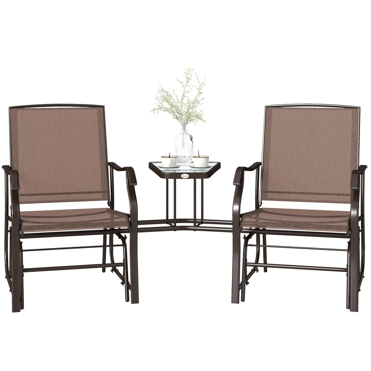 Double Glider Chair, Glass Top Table, High Back, Sling Fabric, Brown Outdoor Gliders at Gallery Canada