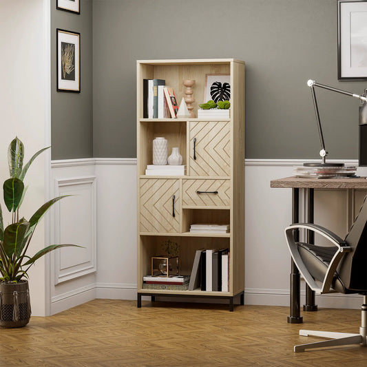 59" Bookcase, Storage Bookshelf with Cabinets, Drawer, Open Compartments, Nature Wood Bookcases With Doors Natural at Gallery Canada