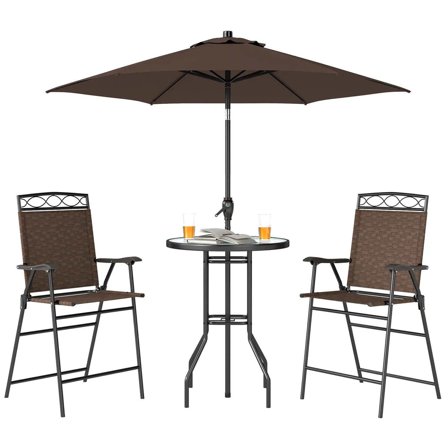 Ensemble de bar de patio 4 pièces, meubles d'extérieur pliables en sling, marron