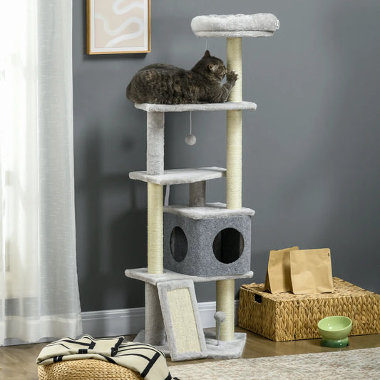 57.5" Cat Tree with Scratching Posts, Large Cat Tower, Bed, House, Toys, Grey Cat Posts Light Grey at Gallery Canada