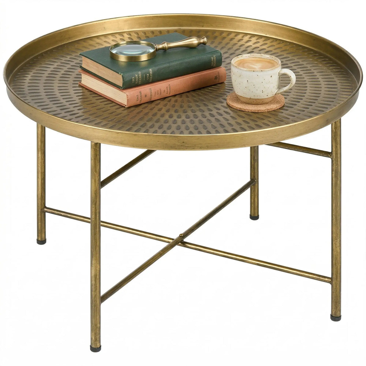 Vintage Coffee Table, 24" Round, Hammered Tray Top, Metal Frame, Gold Coffee Tables at Gallery Canada