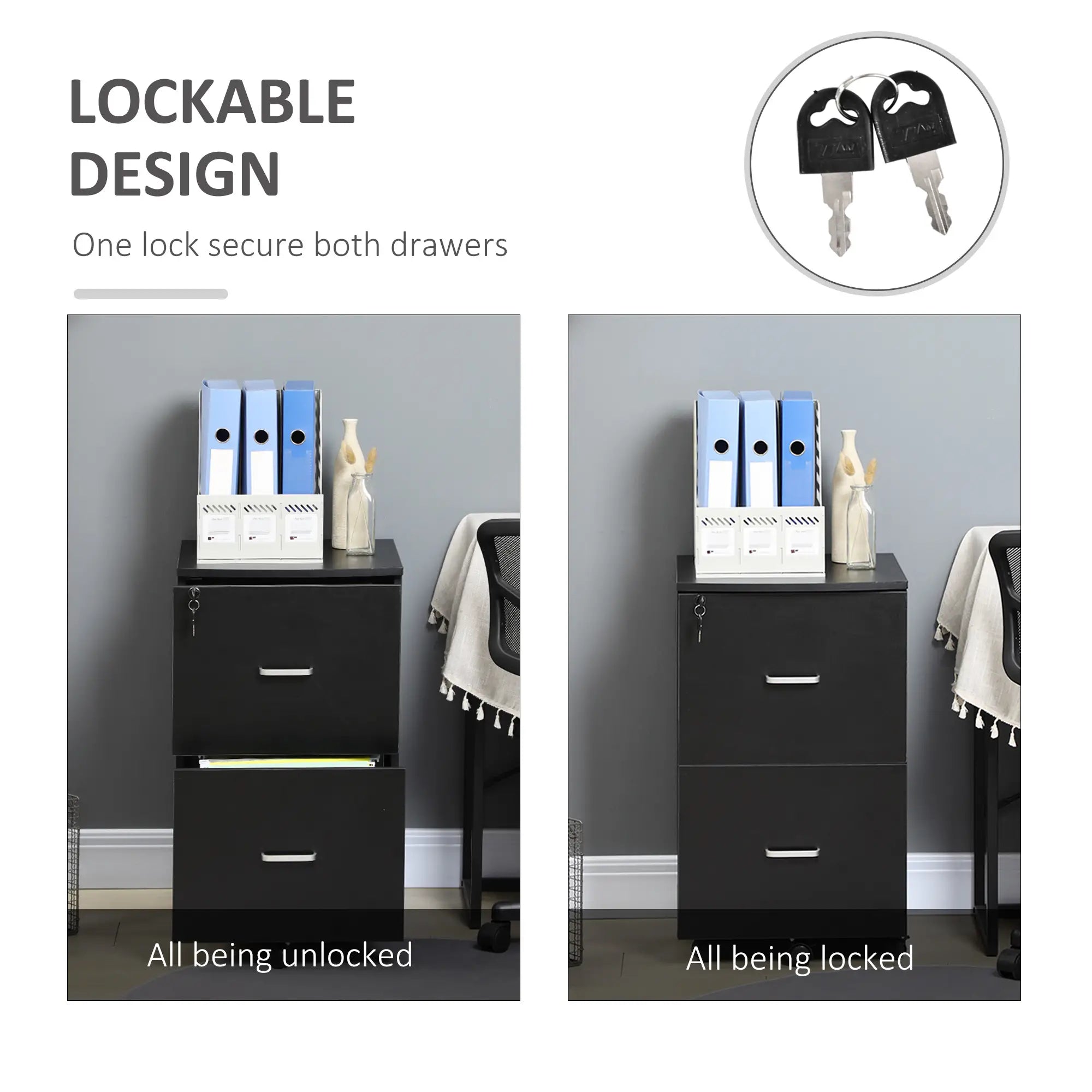 2 Drawer Mobile File Cabinet, Wood Office Filing Cabinet with Lock, Letter and A4 Size, Black Office Cabinets & Cupboards at Gallery Canada