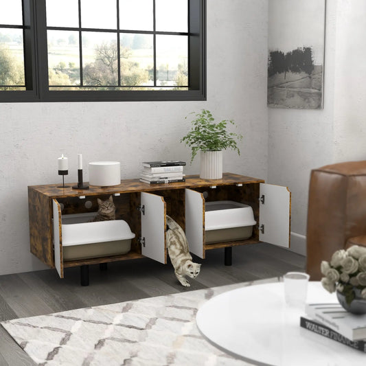 Hidden Cat Litter Box Enclosure, 2 Cabinets, Double Doors, Sand Drain Pad, Rustic Brown Cat Litter Box Enclosures Rustic Brown, White at Gallery Canada