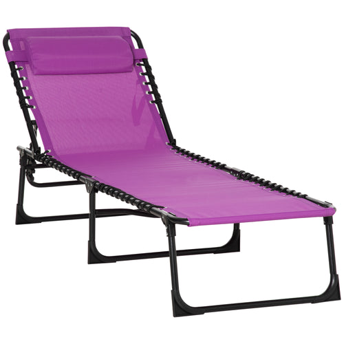 Outdoor Folding Lounge Chair, 4-Level Adjustable Chaise Lounge with Headrest, Tanning Chair Beach Bed Reclining Lounger Cot for Camping, Hiking, Backyard, Purple