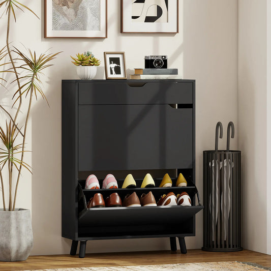 Narrow Shoe Cabinet, 2 Flip Drawers, Top Drawer, Adjustable Shelves, Black Shoe Storage Cabinets & Racks Black at Gallery Canada