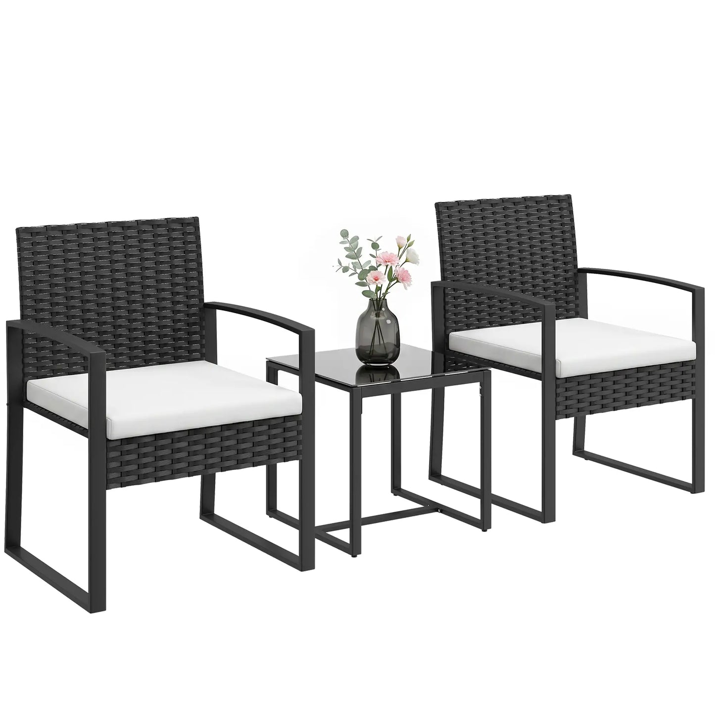 3 Piece Wicker Patio Set, Glass Top Table With Cushions, Cream White Bistro Sets at Gallery Canada