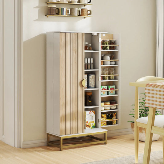 47" Kitchen Pantry Cabinet, Freestanding Storage with Adjustable Shelves, White Kitchen Pantry Cabinets White, Natural Wood at Gallery Canada
