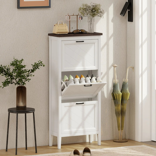 Shoe Cabinet with 3 Flip Drawers, Farmhouse Narrow Shoe Storage Cabinet with Adjustable Shelves, White Shoe Storage Cabinets & Racks White, Brown, Black at Gallery Canada