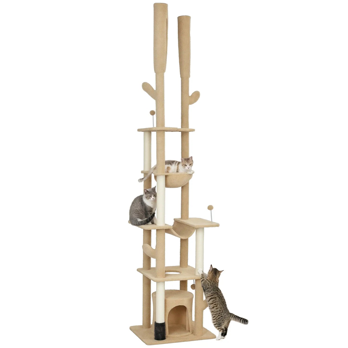 89"-100" Cat Tree Tower for Large Cats, Scratching Posts, Grooming Brush, Brown Floor to Ceiling Cat Trees at Gallery Canada