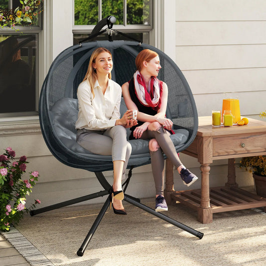 Double Egg Chair with Stand, 2 Person Hanging Swing, Grey Patio Swings with Stand Grey, Black at Gallery Canada