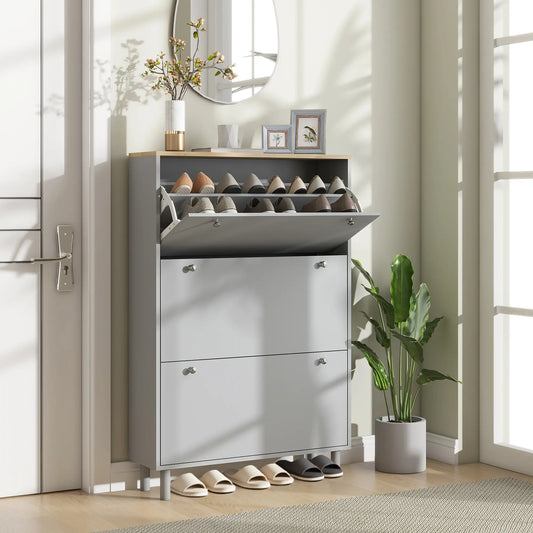 Shoe Storage, 3 Flip Drawers, Adjustable Shelves, 24 Pairs, Grey Shoe Storage Cabinets & Racks Grey, Light Oak at Gallery Canada